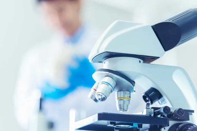 biobanking future studies - Science microscope equipment in biology chemical laboratory.